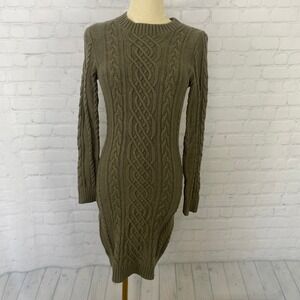 Blue Rain Green Cream Cable Knit Turtleneck Mini Bodycon Sweater Dress Small